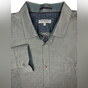 Ted Baker London Long Sleeve Button Up Size XXL Grey Stripe Blue Dots